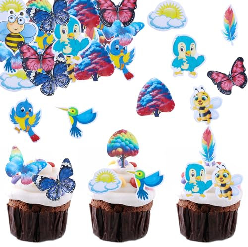 ENLACE Schmetterlinge Tortendeko Essbar,72 Stück Essbare Hawaii Deko für Torte,Biene Cupcake Topper Baum Kuchen Deko Essbar,Esspapier Tortendeko Geburtstag,Vögel Muffin Deko für Hochzeit,Babyparty