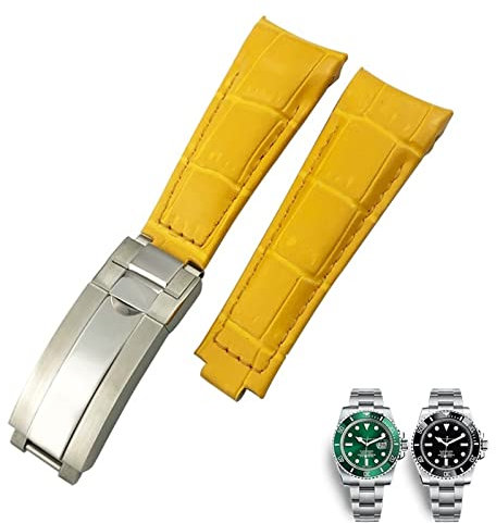 UMCNVV 20 mm Uhrenarmband mit gebogenem Ende, Lederarmband, passend für Rolex 116610 Submariner Oyster GMT Daytona Slide Lock Schnalle Rindsleder Armbänder, 20mm-Rose Buckle, Achat
