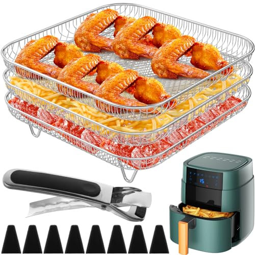 Griglia per friggitrice ad aria quadrata a 3 strati con 8 piedini e clip, griglia per friggitrice ad aria in acciaio inox, accessori impilabili per friggitrice ad aria, griglia disidratatrice per