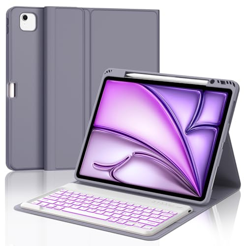 Clavier iPad Air 13 Pouces M4 2026/M3 2025/M2 2024, rétroéclairé 7 Couleurs AZERTY Français Keyboard Coque, Étui Clavier Détachable sans Fil Bluetooth pour iPad Air 13 Pouces M4/M3/M2, Pourpre