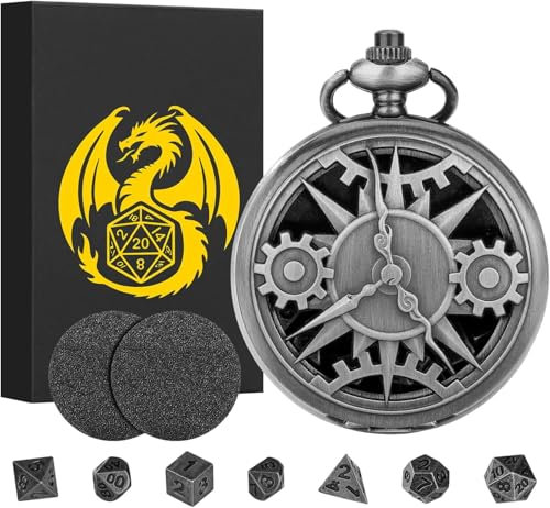 Mini DND Würfel Set mit Hohles Zahnrad Steampunk Taschenuhrgehäuse, 7-teiliges Polyedrisches Metall D&D-Würfel-Set, DND Geschenke mit Geschenk Box, Rollenspiel Brettspiel Zubehör, Dunkles Silber