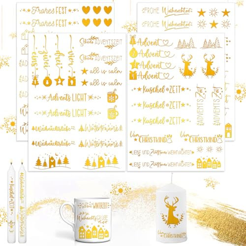 Kerzentatoos Weihnachten, 4 PCS A5 Glitzer Gold Weihnachten Kerzen Tattoo, Kerzen Tattoofolie, Blattgold Kerzenfolie, Kerzen Wasserschiebefolie, Weihnachten Kerzen Dekorieren Geschenk (B)