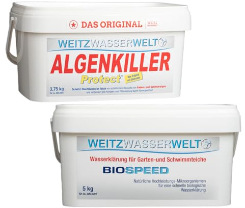 SCHNELLKLAR SPARSET -Biologische Schnellreinigung der Teiche. Stark gegen Algen, Schlamm, Wassertrübungen - BIOSPEED & ALGENKILLER Protect im DUO pack. Erzeugen ein stabiles Öko-Gleichgewicht 200.000L