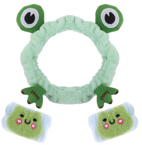 Frosch-Stirnband Armband Set, Make-up Kopfband Haarband Kosmetik Flanell Spa Gesichtswasch-Haarband Elastisches Lustiger für Frauen Mädchen Halloween Ostern Karneval