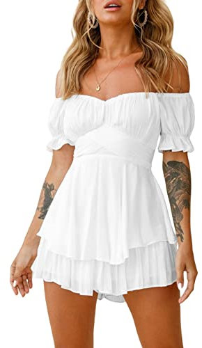 LYSINK Women Romper Dress Short Puff Sleeve Short Sleeve Off-Shoulder Ruffle Romper A Line Flowy Swing Beach Dress Summer Sundress (Ba White, M)