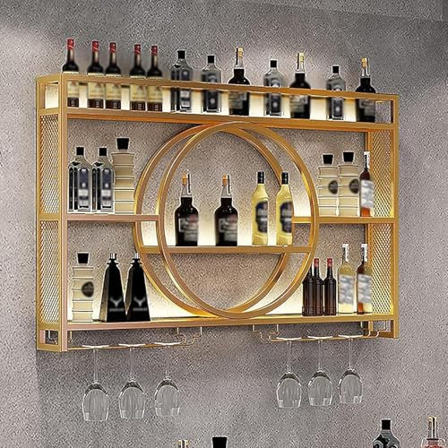 Porte Bouteille Mural, MéTal Etagere Vin avec Porte-Verre, Moderne Flottantes en Casier à Bouteilles, Polyvalentes EtagèRe Murale, Casier à Vin pour Cuisines Salle à Manger Bar (Gold,140x15x80cm)