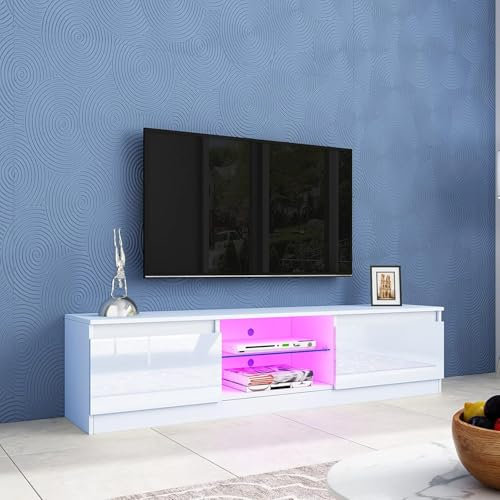 High Gloss TV Unit Stand Cabinet 160cm with 2 Doors 2 Open Shelves for 65 inch TVs, Modern Sideboard Sleek TV Media Console with RGB LED & Sturdy MDF Construction for Bedroom Living Room (White)