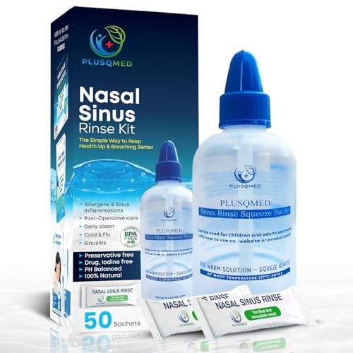 Sinus Rinse Kit with Squeeze Bottle and 50 Salt Sachets, Nasal Wash for Adults and Children, Natural Nasal Irrigation for Congestion Relief, Sinus Cleanser