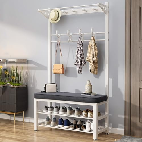 Banc d'entrée, porte-manteau, à chaussures avec 2 étagères et crochets, multifonctionnel en métal, D 80 cm