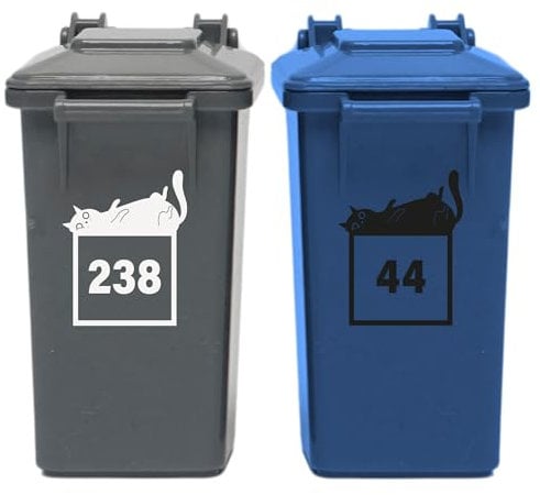 Personalised Lazy Cat Bin Sticker: Custom Wheelie Bin Decal with House Number - Cute Outdoor Decor, Funny Cat Sticker for Dustbin