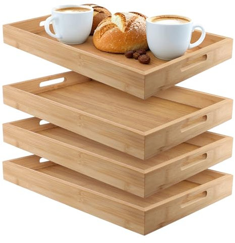 MAHIONG 4 PCS 38 x 25 x 4cm Bamboo Serving Trays, Rectangular Wooden Tray with Handles, Wooden Platters for Breakfast, Food, Dinner