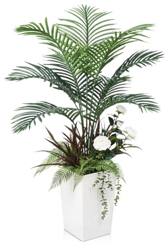 VeriNatural Palmera Artificial 120 cm con 5 Plantas Decorativas - Árbol Artificial con Blanco Maceta, UV Resistente - Planta Artificial Grande para Interior y Exterior del Hogar Oficina Jardín, VN148