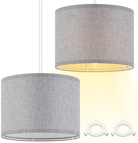 Weewooday 2 Pack Fabric Drum Lampshade, Grey, 10 Inch | Modern Ceiling Lamp Shades for Lights Pendant Table Floor Bedroom with E27 to E14 Adapter Ring