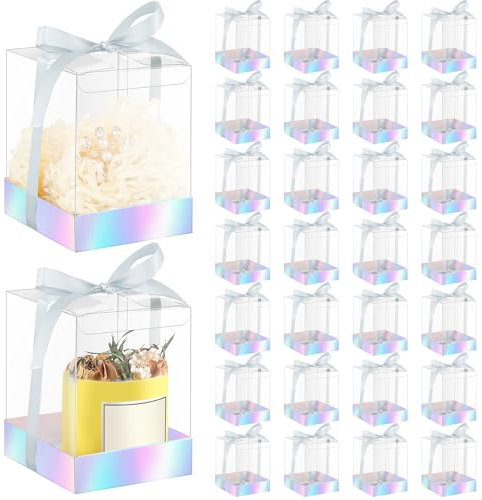 Cunno 36er-Set, 8,9 x 8,9 x 10,9 cm, transparente Kerzen-Geschenk-Box, Verpackung, 113,4–510 ml, Teelichthalter, Großpack-Papier-Bodenabdeckung mit Band, für Weihnachten, Hochzeit, Babyparty, Party
