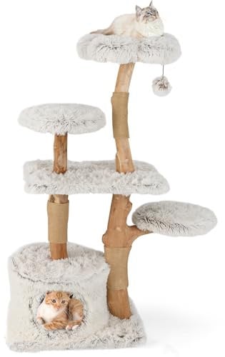COSTWAY Arbre a Chat XXL 135 cm, Arbre a Chat Bois Massif, 4 Plateformes, 3 Poteaux à Griffer en Jute, Condo, Bois de Poirier, Tissu Peluche, Pompon Suspendu, 60 x 45 x 135 cm