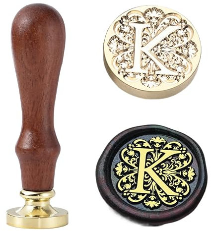 Ychostamp Wachssiegel-Stempel-Set für Buchstaben, Wachsstempel für Anfangsversiegelung, 25 mm, Barock-Messing-Siegel, Alphabet-Stempel mit Griff (Buchstabe K)