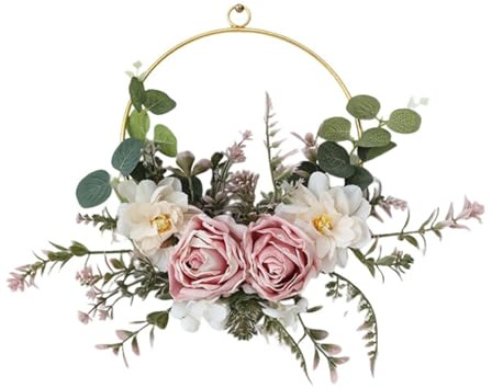 Artificial Flower Door Wreath 37cm / 14.5in Pink White Silk Rose Front Door | Faux petal bloom metal ring vintage, fireplace mantel hanging, no‑water dust‑proof, year‑round indoor outdoor, wedding gift