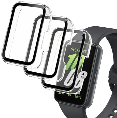 3 Stück Hülle mit Displayschutz für Samsung Galaxy Fit 3, Bumper Case Displayschutz Transparente Hartglas PC, 360° Schutzhülle für Galaxy Fit 3 Smartwatch Stoßfeste Vollschutz Rundumschutz Cover