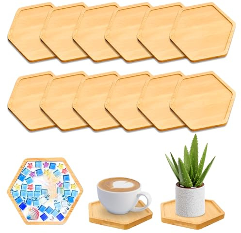 12 Stück Untersetzer Holz, klein Tablett Mosaik-Holzuntersetzer (Sechseck) | Korkuntersetzer mit Rand, Handgefertigte Holztablett, Bambus Serviertablett für DIY Mosaik Bastelset Kinder