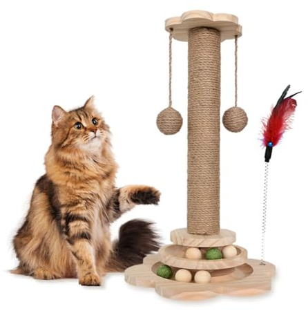 Kongming 4 in 1 Katzenspielzeug hölzernes, Katze Sisal Seil Kratzbaum mit hängenden Ball, Interaktives Katzenspielzeug mit Kratzbaum für Katzen mit Katzenminze Bälle(29 * 46cm)