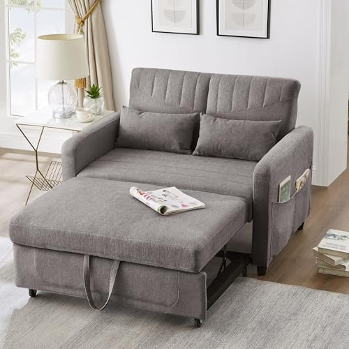 Lahoomu [Sofabett mit Schlaffunktion Zweisitzer-Klappsofa, Ausziehbares Design, Dreistufig verstellbare Rückenlehne, Atmungsaktiver Baumwoll-Leinen-Stoff Grau