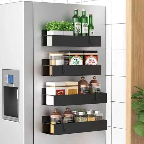 Felenny Gewürzregal Magnetisch 4 Stück, Magnetisches Gewürzregal für Kühlschrank, Gewürz Organizer Ohne Bohren, Magnetregal Küchen Organizer für Mikrowelle & Waschmaschine, Schwarz