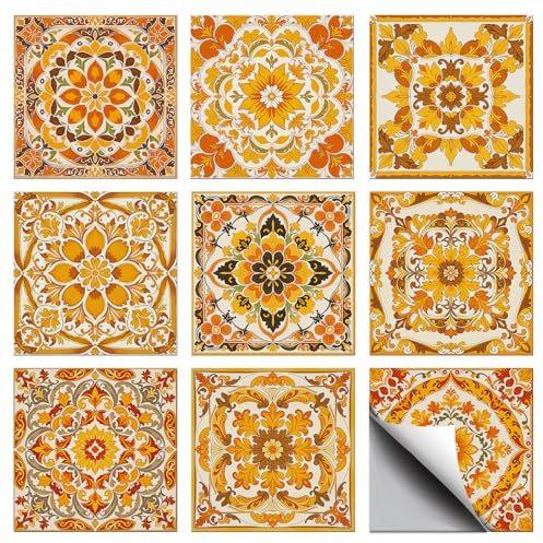 CONCHLERY 36 Pcs Tile Stickers Spanish Orange Flowers 4x4 Inch | Spanish Orange Flowers Waterproof Tile Stickers for Kitchen Backsplash and Bathroom Decor