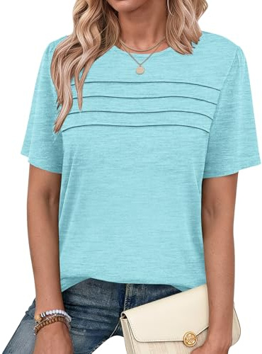 PLMOKEN Womens Summer Tops Ladies Short Sleeve T Shirts Round Neck Blouses | pleated front tunic, dressy casual tee, elegant