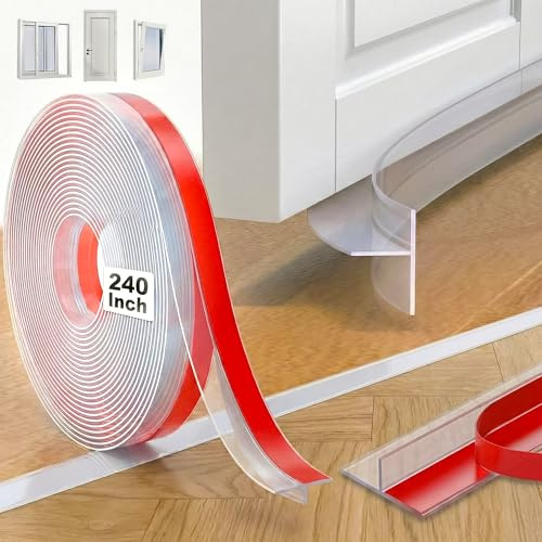 T-Shape Door Draught Excluder, 20Ft Clear Silicone Weather Stripping | Self-Adhesive Under Door Draft Stopper & Window Seal Strip for Bottom Gaps, Soundproof Wind Blocker Noise Reducer (6.1m)