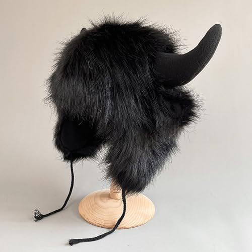 Zhajipai Büffelhut Mit Hörnern, Kuhhornhut, Warme Plüsch Tiermütze, Plüsch Ohrenklappenmütze, Für Outdoor Abenteuer, Weihnachten, Tier Cosplay, Festival Mottoparty