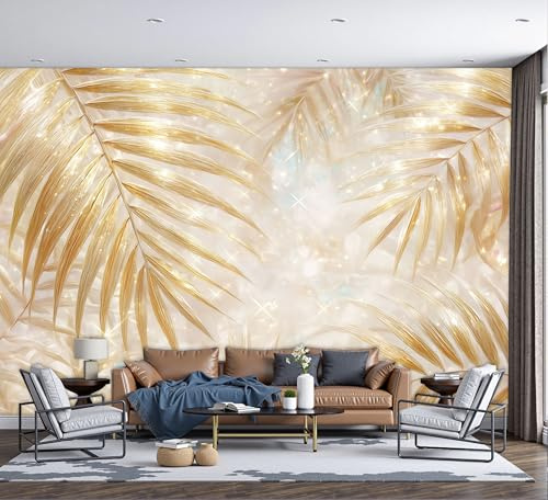 ZISTRCBAO Papier Peint Panoramique Feuille De Palmier Dorée, Papier Peint Luxe Moderne, Fresque Murale Soie Décoration Murale Pour Salon Chambre Salle Des Enfants 250x175cm