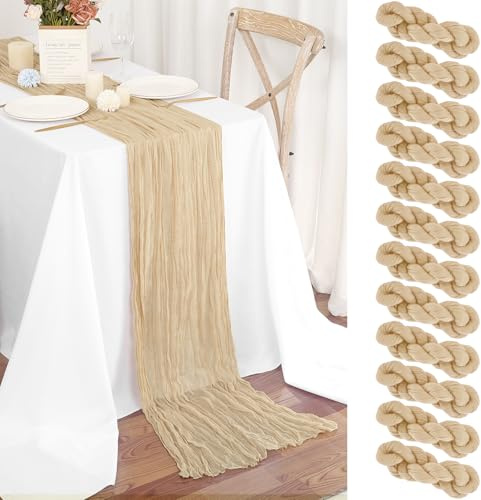 12 Stück Tischläufer Beige 45x275 cm Boho Gaze Käsetuch Tischläufer für Hochzeit, Party, Babyfeier, Brautshower, Geburtstag-Dekorationen