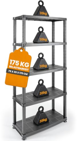 Kreher® Kunststoffregal „Evo“ mit 5 Böden - Steckregal für Haushalt, Keller & Garage - Standregal, Lagerregal & Aufbewahrungsregal - Schwarz oder Grau - Set auswählbar (Grau, 1)