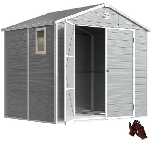 Outsunny Gerätehaus 4,1m² mit Satteldach Tür 240 x 190 x 228 cm Hellgrau | Kunststoff Gartenchuppen, Geräteschuppen mit Abschließbare Tür, Belüftungsfenster, Fundament, Gartenhaus