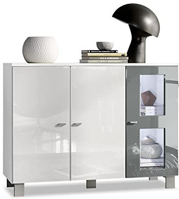 Vladon Sideboard Denjo, Made in Germany, Kommode mit 3 Türen, Weiß matt/Weiß Hochglanz/Grau Hochglanz, inkl. LED-Beleuchtung (107 x 81 x 35 cm)