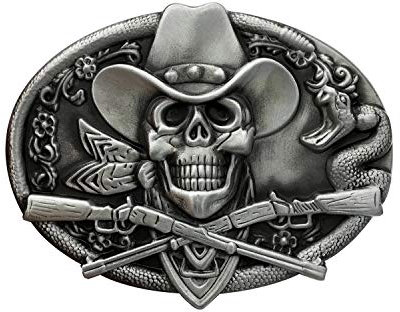 QUKE Western Cowboy Ghost Skeleton Skull with Rifles Guns Belt Buckle Silver Enamel