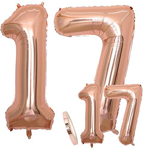 Luftballons Zahl 17 Geburtstag XXL Rose Gold - Riesen Folienballon in 2 Größen 40 & 16 | Set XXL 100cm + Mini 40cm Version Geburtstagsdeko | Insgesamt Vier Zahlen | Ideal zum 17. als Deko