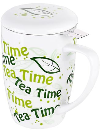 LOVECASA, Teetasse mit Teesieb aus Porzellan, großer Becher, Kräutertee mit Sieb aus Edelstahl, 450 ml Tasse mit Deckel