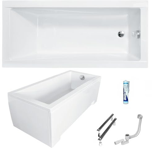 ECOLAM Badewanne Modern 140x70 cm Schürze | Acrylwanne Rechteck | Wanne Design | Komplett-Set Ablaufgarnitur Ab- und Überlauf Automatik Füße + Silikon Acryl weiß
