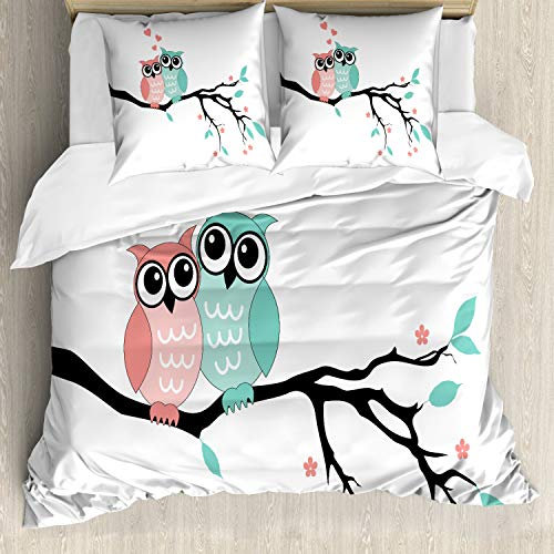 ABAKUHAUS Teal und Weiß Bettwäsche Set für Doppelbetten, Eulen-Paare, Weicher Microfaserstoff Allegigeignet kein Verblassen, Turquoise Coral Schwarz