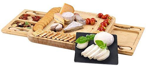 Bambú Tabla De Quesos, Bandeja De Queso Con Cubiertos, 2 Cajón De Almacenamiento Deslizable Para Regalo Ideal Para Navidad, Cumpleaños O Fiesta,36 X 36 X 4.5 Cm