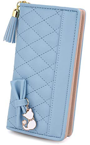 UTO Geldbörse Damen PU Leder Große Kapazität Brieftasche süßer Katze-Anhänger Portemonnaie Kartenhalter Mädchen für Valentinstag Muttertag Geburtstag Gedenktag Weihnachten Neujahr Hellblau