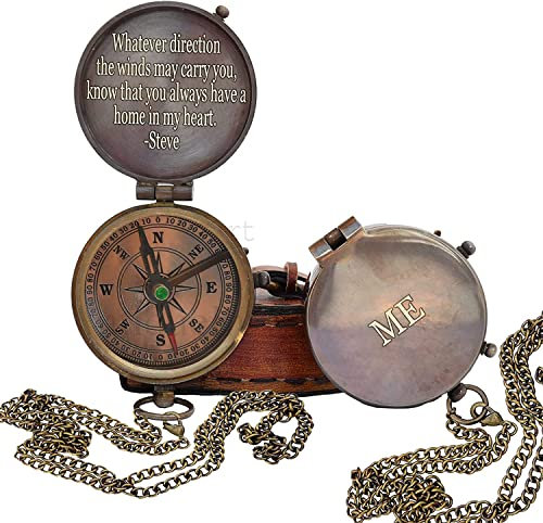 Engraved Kompass, personalisierbarer Kompass, antiker Kompass, Geschenk für Abschlussfeier, Jahrestag, Taufe, Ruhestand oder Weihnachten, Vintage-Stil, funktionierender Kompass mit Holzbox