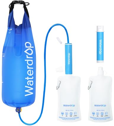 Waterdrop Gravity Water Filter Straw, Camping Water Filtration System, Water Purifier Survival for Travel, Backpacking and Emergency Preparedness, 1.5 gal Bag, 5 Stage Filtration, Pack of 2