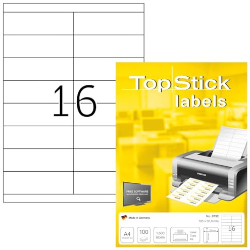 TopStick 8732 Universal Etiketten, 1000 Blatt, 105 x 33,8 mm, 16 pro A4 Bogen, 16000 Stück, selbstklebend, bedruckbar, matt, blanko Papier Klebeetiketten Aufkleber, weiß