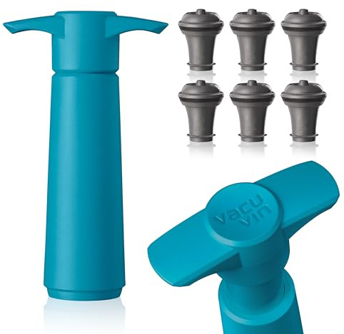 Vacu Vin Blue Pump with Wine Saver stoppers - Keeps wine fresh for up to 10 days (Blue 6 Stoppers)
