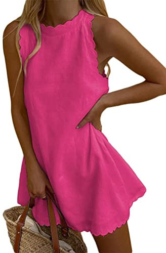 Minetom Donna Estate Lino Cotone Rotondo Senza Manica Maglietta Tops Shirt Vestito Tinta Unita Mini Abito da Spiaggia B Rosa Rosso 42