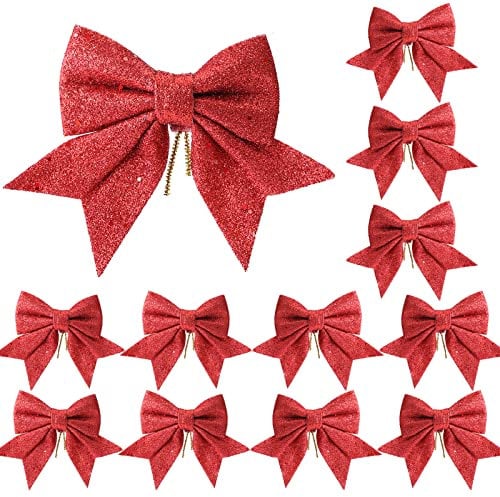 YUNSTK 12pcs Glitter Christmas Bows, Red Bows for Christmas Tree, 5.5in Wreaths Bows Xmas Bow Decorations, Sequin Bow Ties Red Christmas Bows for Xmas Tree Wreaths Garland Gift Wrapping Decor