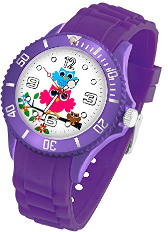 Taffstyle Kinder Armbanduhr Silikon mit Blumen Eulen Familie Motiv Sportuhr Analog Quarz Bunte Sport Uhr Farbige Kinderuhr Mädchen Junge Lernuhr Little 34 mm Lila