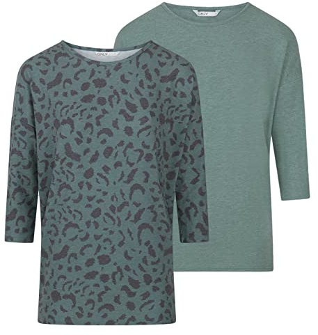 ONLY Damen Top ONLGLAMOUR 2er Pack 3/4 Ärmel Basic Shirt Rundhals Loose Fit Langarmshirt Oberteil Muster Aufdruck Sommer XS Grün, Größe:XS, Farbe:Chinois Green (15289509)